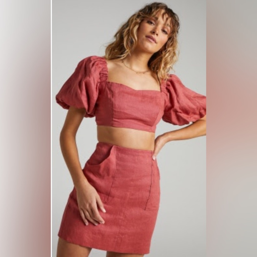 Red Puff Sleeve Crop Top and mini skirt set